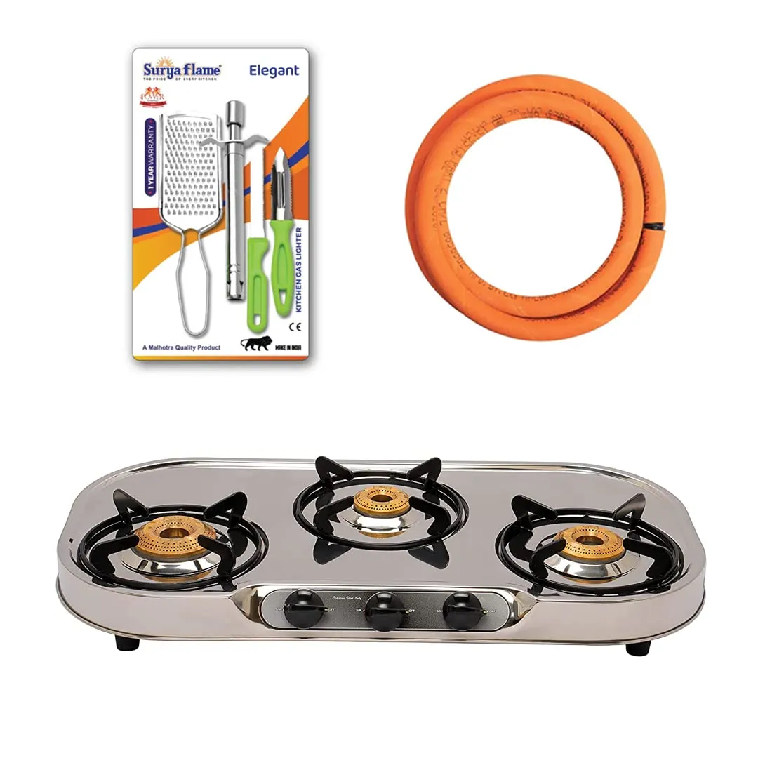 1 SF SPARK LIGHTER - PREMIER (PACK OF 2)..vb|1 SF HOSE PIPE 1.5 MTR..|1 Surya Flame Costa Gas Stove 3 Burner Stainless