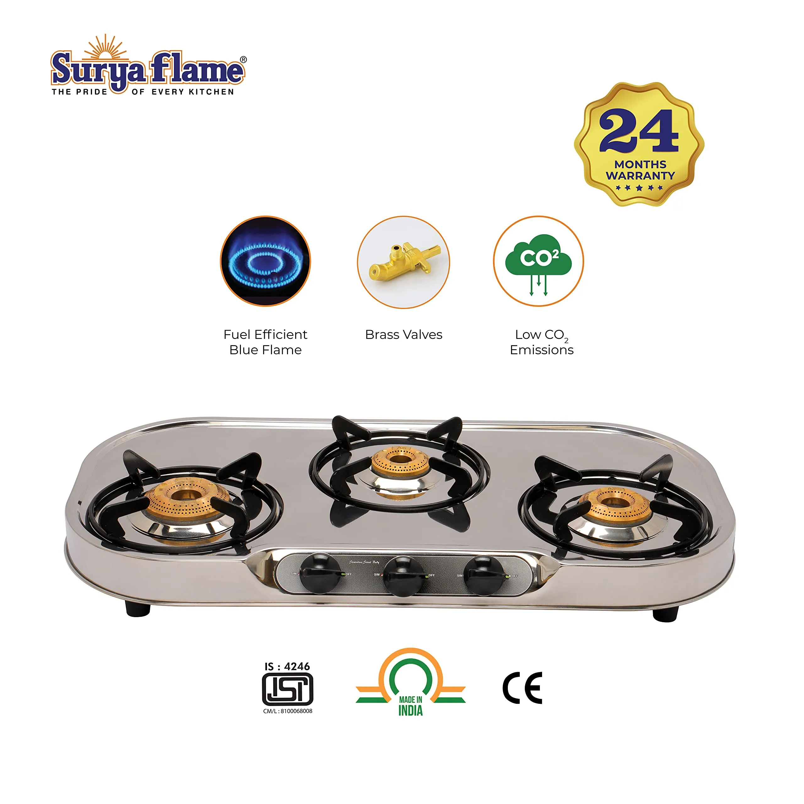 1 SF SPARK LIGHTER - PREMIER (PACK OF 2)..vb|1 SF HOSE PIPE 1.5 MTR..|1 Surya Flame Costa Gas Stove 3 Burner Stainless