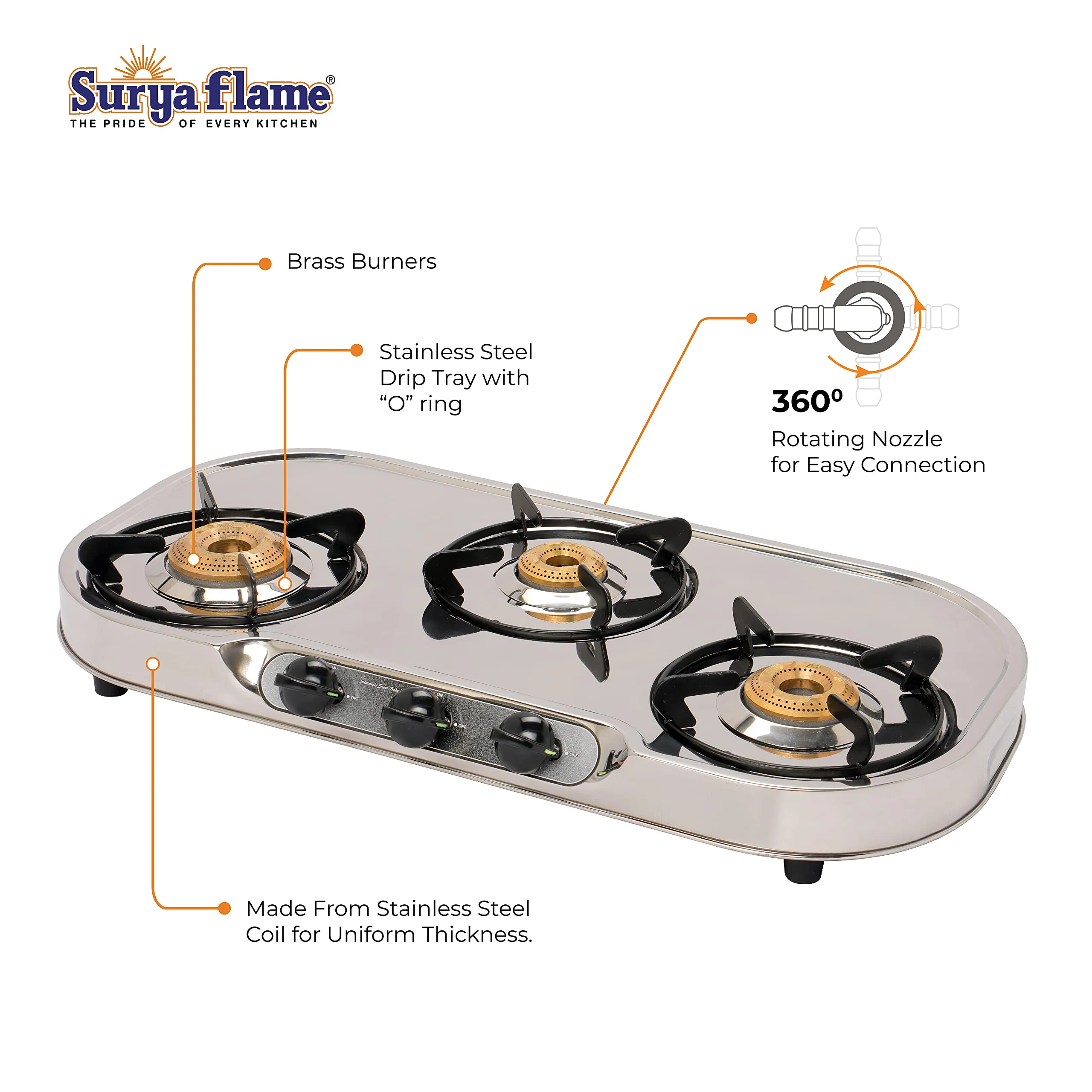 1 SF SPARK LIGHTER - PREMIER (PACK OF 2)..vb|1 SF HOSE PIPE 1.5 MTR..|1 Surya Flame Costa Gas Stove 3 Burner Stainless