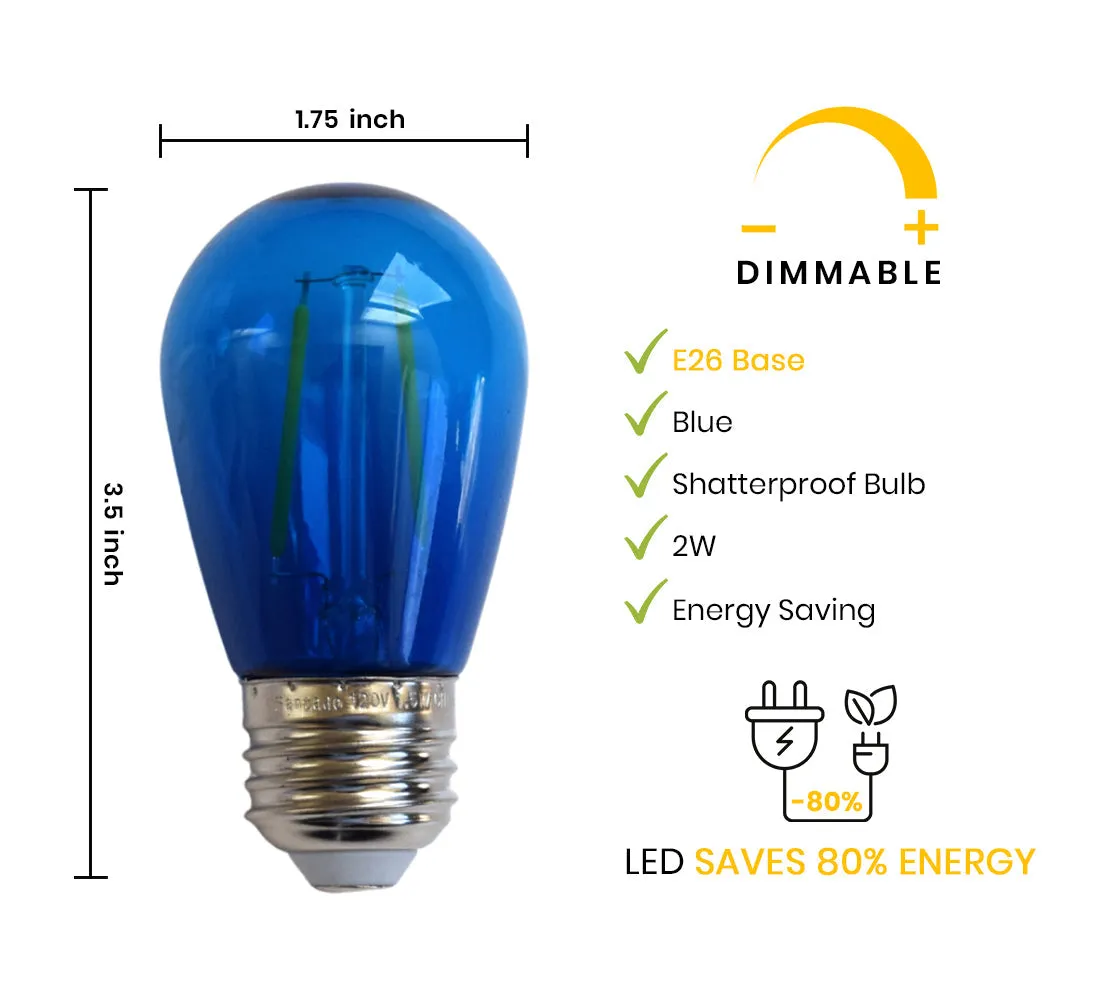 10-PACK Blue LED Filament S14 Shatterproof Energy Saving Color Light Bulb, Dimmable, 2W,  E26 Medium Base