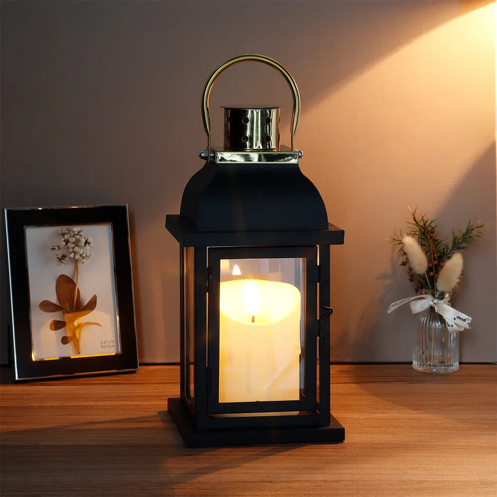 10"H Black Candle Lantern With Golden Top Design