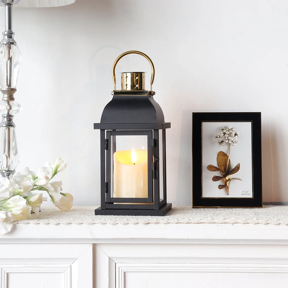 10"H Black Candle Lantern With Golden Top Design