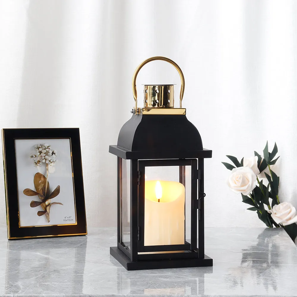 10"H Black Candle Lantern With Golden Top Design