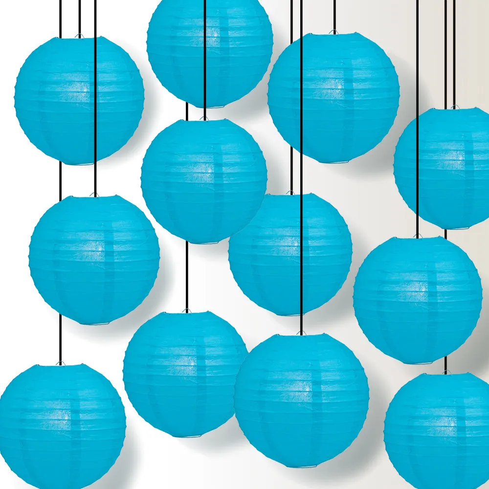 12 PACK | Turquoise Blue Even Ribbing Round Paper Lantern, Hanging Combo Set