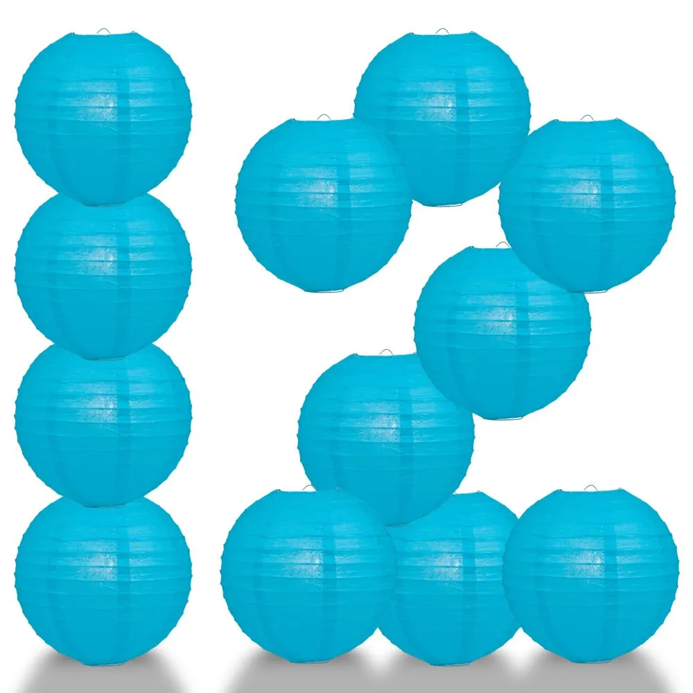 12 PACK | Turquoise Blue Even Ribbing Round Paper Lantern, Hanging Combo Set