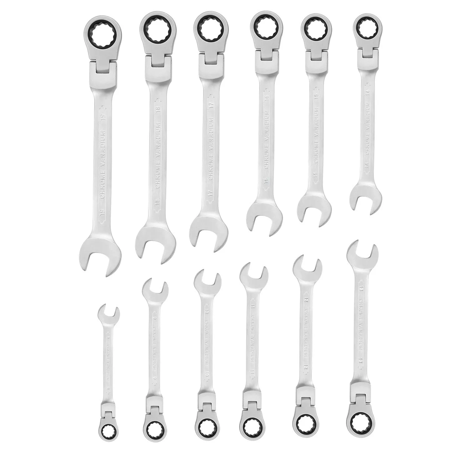 12Pc 8-19mm Metric Combination Wrench Flexible Head Ratchet Wrench Set Spanner Tool Set