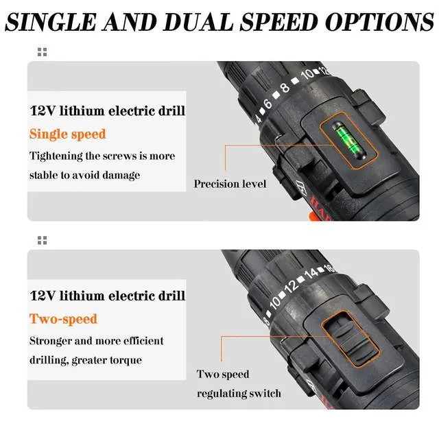 12V Multifunction Drill Screwdriver 2 Speed Electric Cordless Drill Driver Bits Set