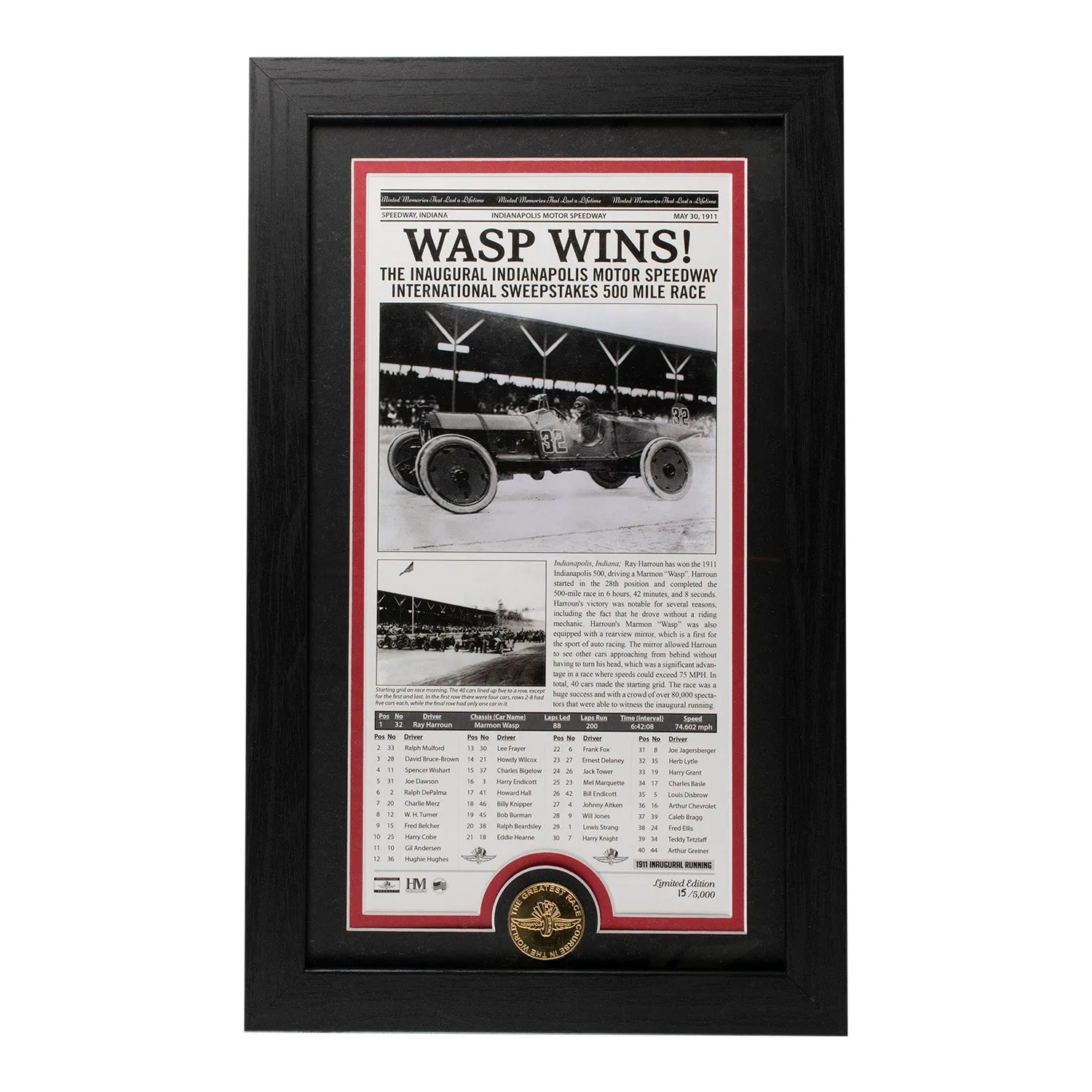 1911 First Indy 500 Newspaper Framed