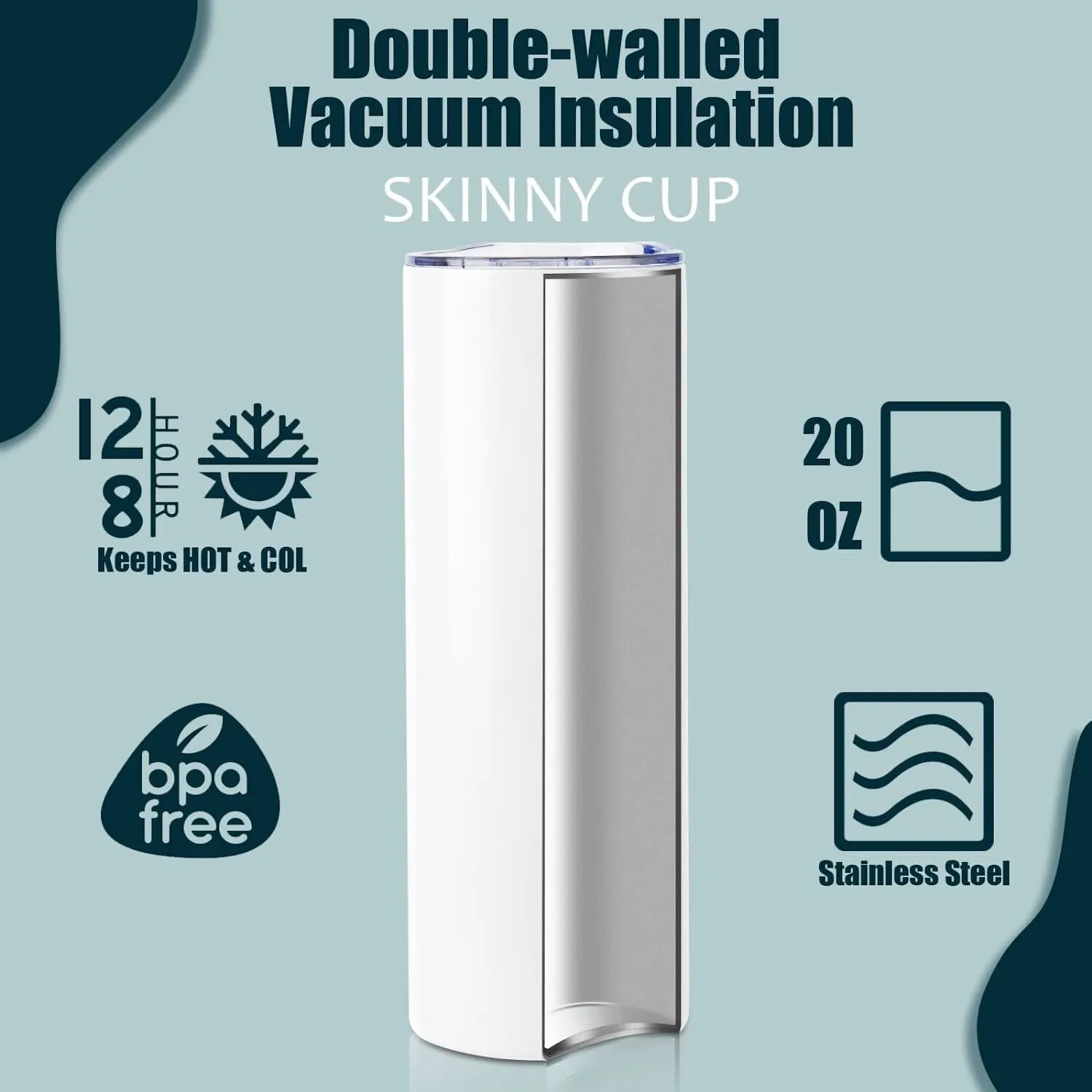 8 Pack 20 oz Sublimation Tumbler Set Double Walled Stainless Steel Skinny Straight Blank Tumbler Bulk with Lid, Straw, DIY Stickers