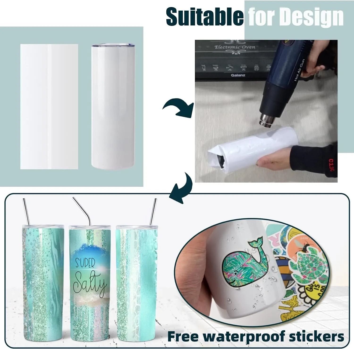 8 Pack 20 oz Sublimation Tumbler Set Double Walled Stainless Steel Skinny Straight Blank Tumbler Bulk with Lid, Straw, DIY Stickers