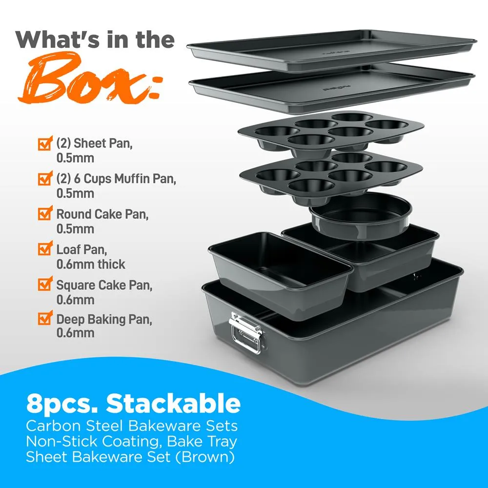 8Pcs. Stackable Carbon Steel Bakeware Sets - Non-Stick Coating, Bake Tray Sheet Bakeware Set (Gray)