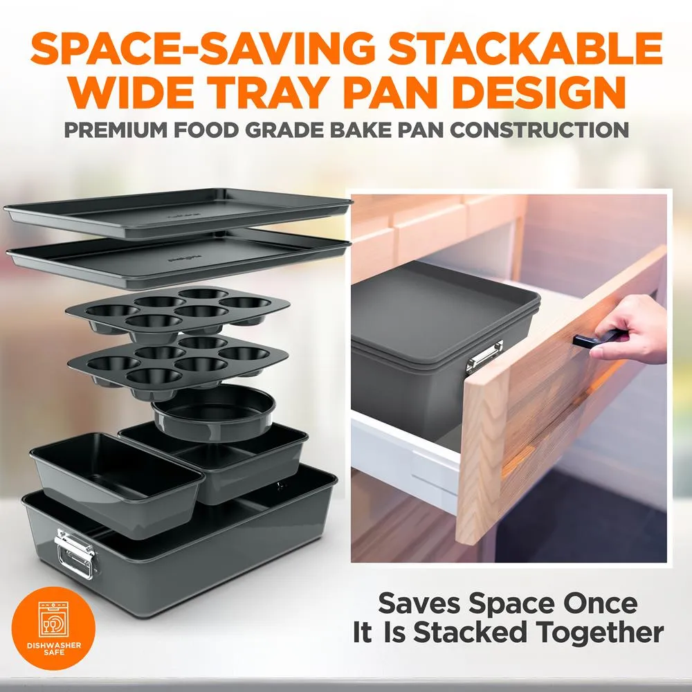 8Pcs. Stackable Carbon Steel Bakeware Sets - Non-Stick Coating, Bake Tray Sheet Bakeware Set (Gray)