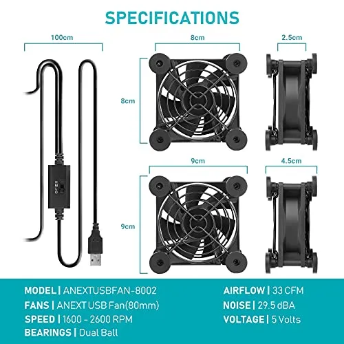 ANEXT, USB Fan, USB Computer Fan, Silent Fan for Receiver DVR PlayStation Xbox Computer Cabinet Cooling, (140mm,Black)