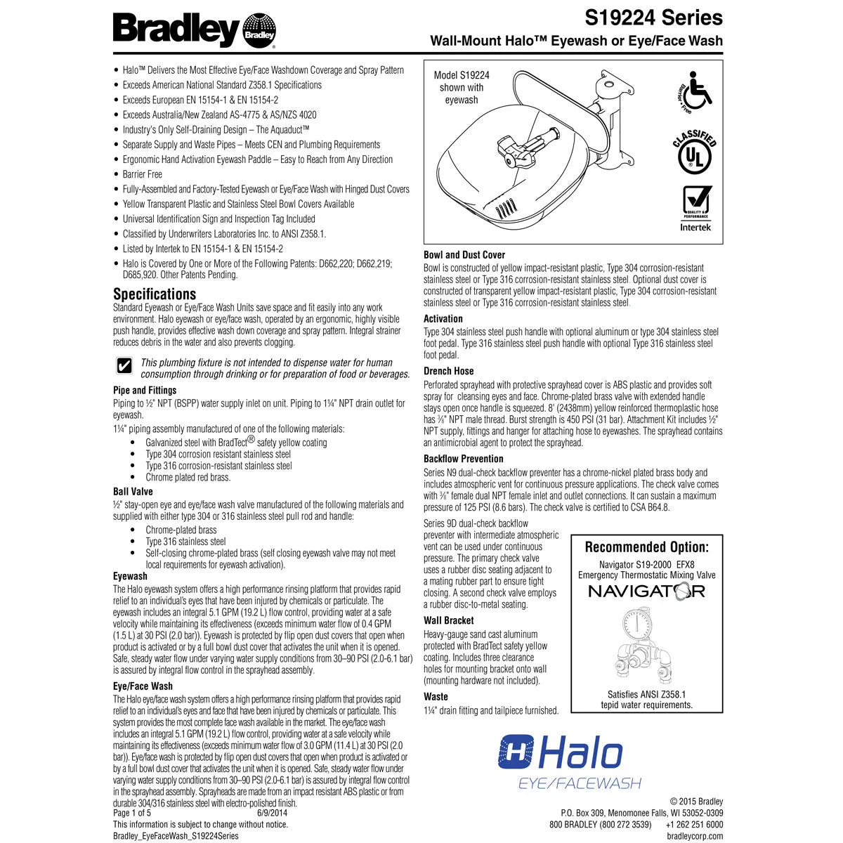 Bradley S19224SC Stainless Steel Eye-Face Wash, Bowl and Dust Cover