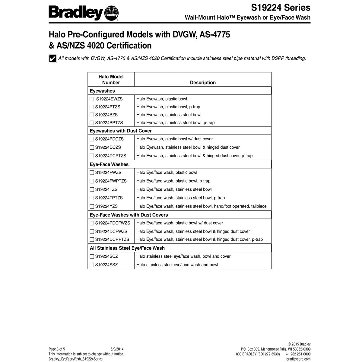 Bradley S19224SC Stainless Steel Eye-Face Wash, Bowl and Dust Cover