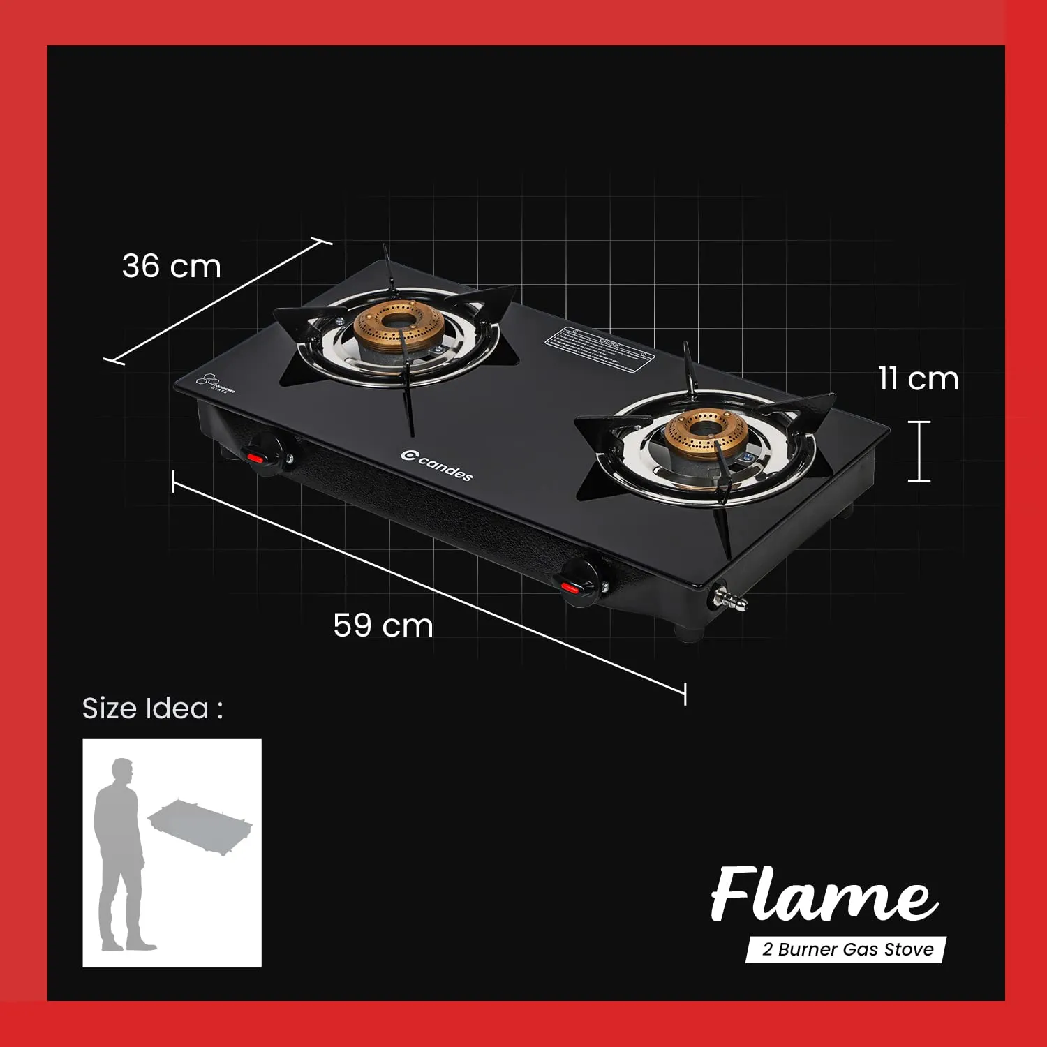 Candes Glass Gas Stove 2 Burners Premium Die Cast Alloy | Manual Ignition Tornado Burner With 6 mm Toughened Glass Top | Nylon Ergonomics Knob | LPG Compatible | ISI Certified | 1 Yr Warranty | Black