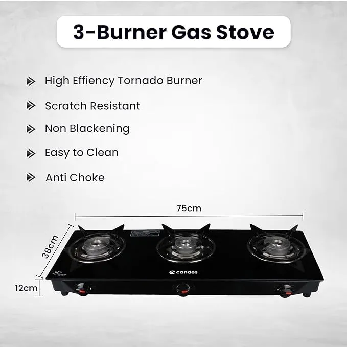 Candes Toughened Glass Manual Gas Stove |3 Die Cast Alloy Tornado Burner | LPG Compatible | Doorstep Service | ISI Certified | 1 Year Warranty (Pack of 2)