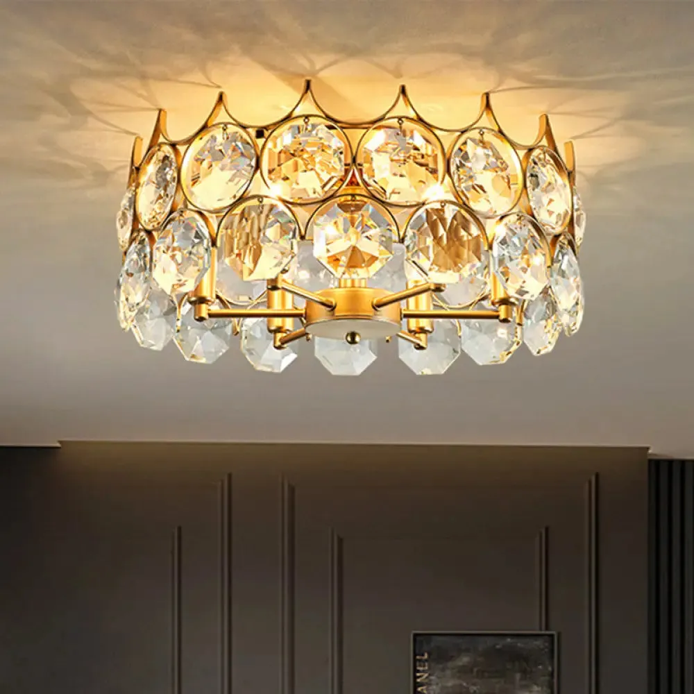 Contemporary Crystal Gold Semi Flush Mount Ceiling Light with 6 Heads