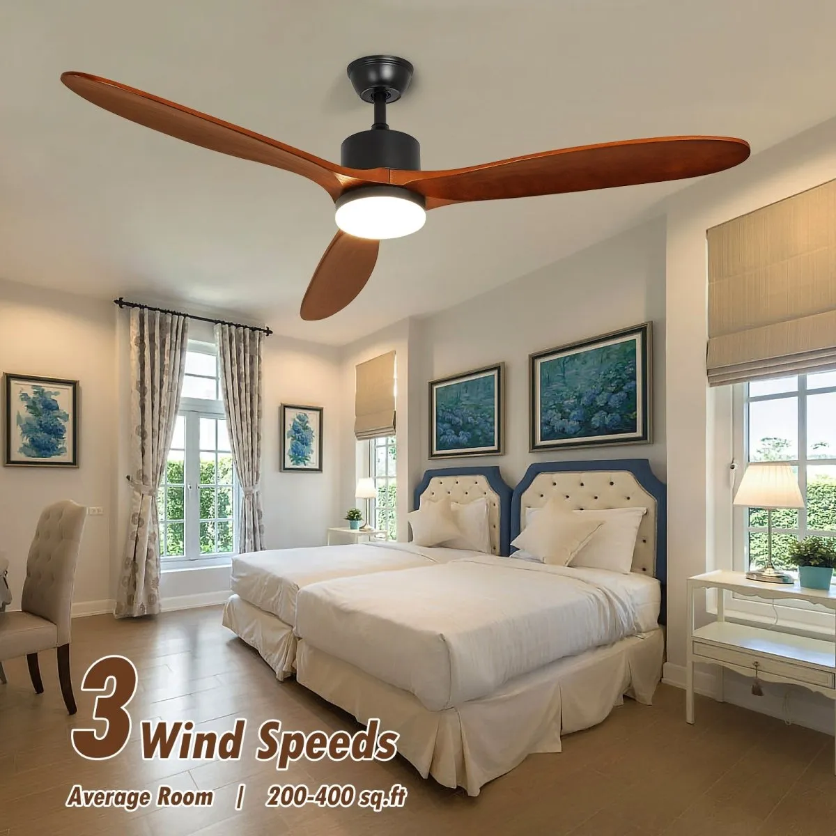 Depuley 60" Ceiling Fan with Light,Indoor Outdoor Wood Ceiling Fan with Remote, Low Profile Fan with 3 Rubber Wood Blades, Noiseless AC Motor Ceiling Fans for Living Room Bedroom Porch, 1/2/4/8 Timer