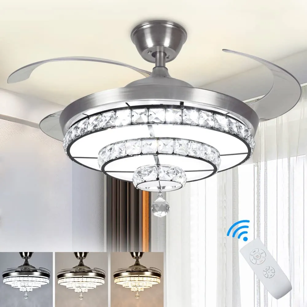 DLLT 42'' Crystal Ceiling Fan with Light, 36W Modern Ceiling Fan Remote, 3-Blade Retractable Led Fan Chandelier Indoor for Living Room, Bedroom, Dining Room, Color Changeable 3000K-6000K Nickel