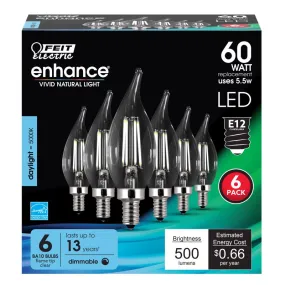 Feit Enhance CA10 (Flame Tip) E12 (Candelabra) Filament LED Bulb Daylight 60 Watt Equivalence 6 pk