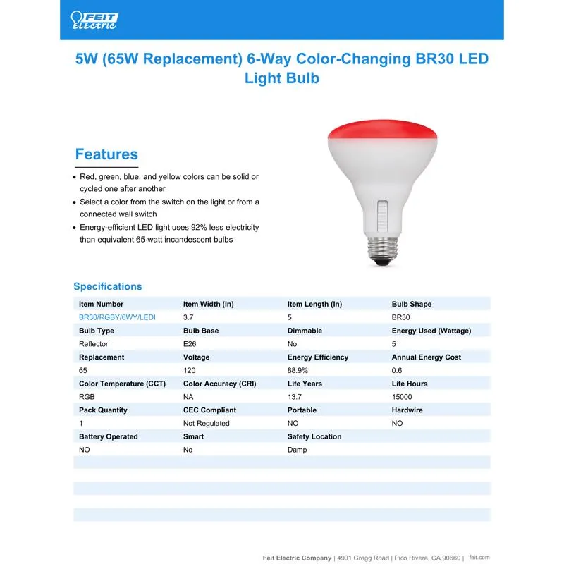 Feit LED Smart BR30 E26 (Medium) Smart-Enabled LED Floodlight Bulb Color Changing 65 Watt Equivalenc