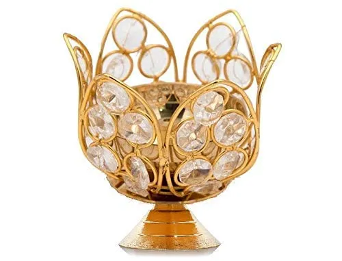 FESTIVE INDIA Brass Bowl Crystal Round Shape Kamal Deep Akhand Jyoti Oil Lamp Diya (10x10x9 cm, Gold)