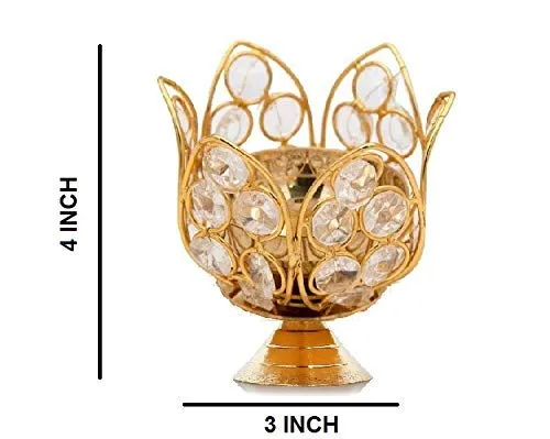 FESTIVE INDIA Brass Bowl Crystal Round Shape Kamal Deep Akhand Jyoti Oil Lamp Diya (10x10x9 cm, Gold)