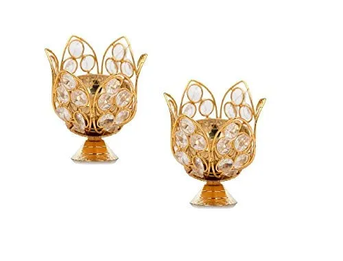 FESTIVE INDIA Brass Bowl Crystal Round Shape Kamal Deep Akhand Jyoti Oil Lamp Diya (10x10x9 cm, Gold)