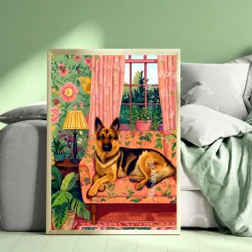 German Shepherd Lounging on a Luxury Sofa – Maximalist Wall Art – German Shepherd Dog Print – Dog Wall Art - Unique German Shepherd Gift