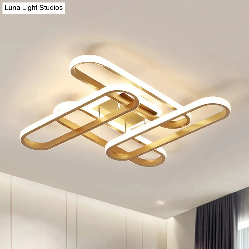 Gold Semi Flush LED Ceiling Light Fixture for Living Room with Oval Acrylic Shade - Warm/White Light