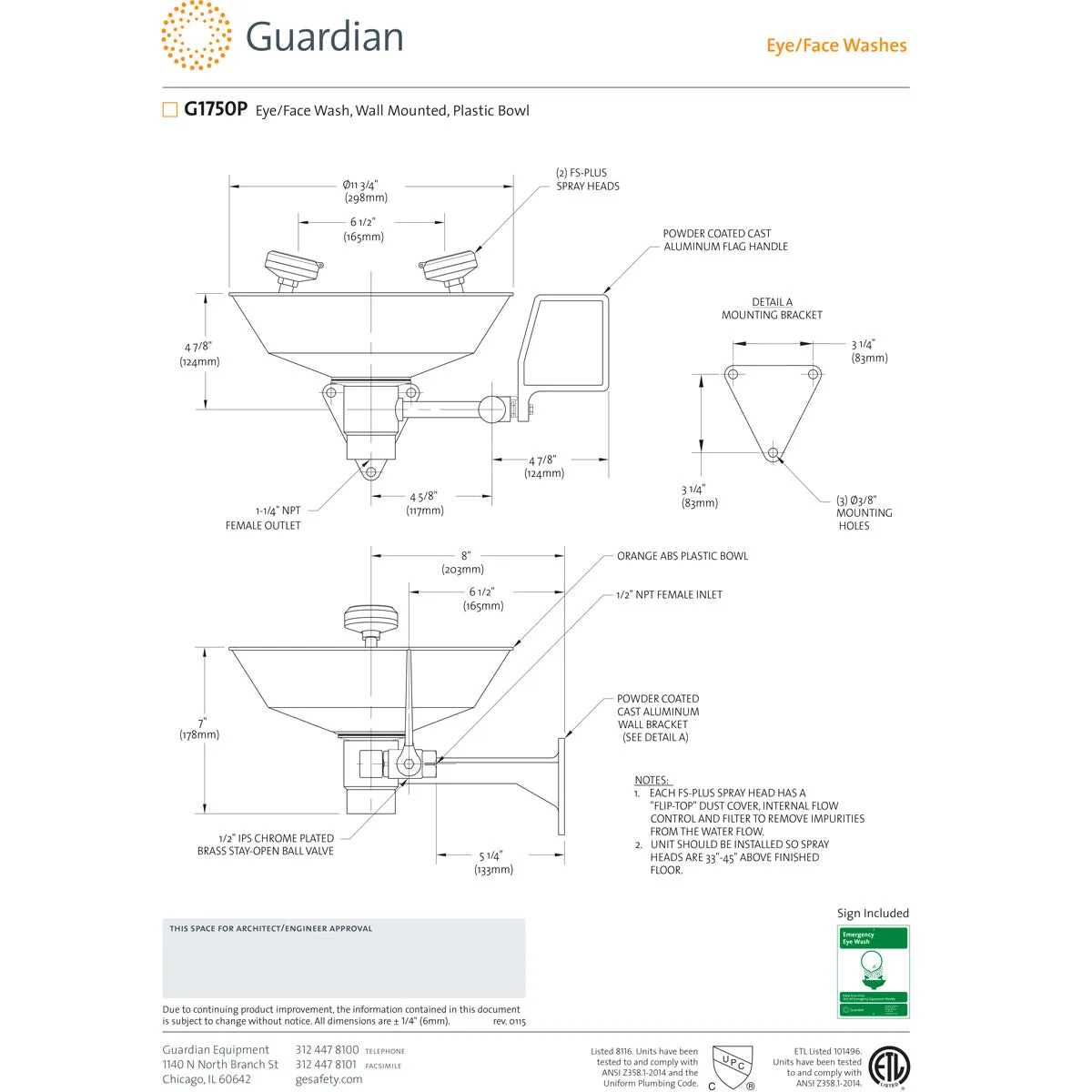 Guardian G1750P Eye/Face Wash Station, Wall Mounted, Plastic Bowl