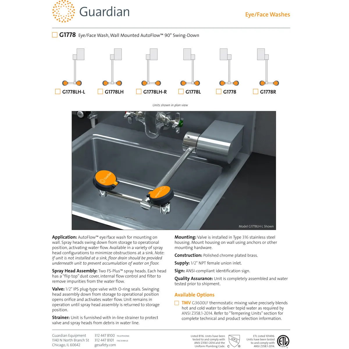 Guardian G1778 Eye/Face Wash Station, Wall Mounted AutoFlow Swing-Down