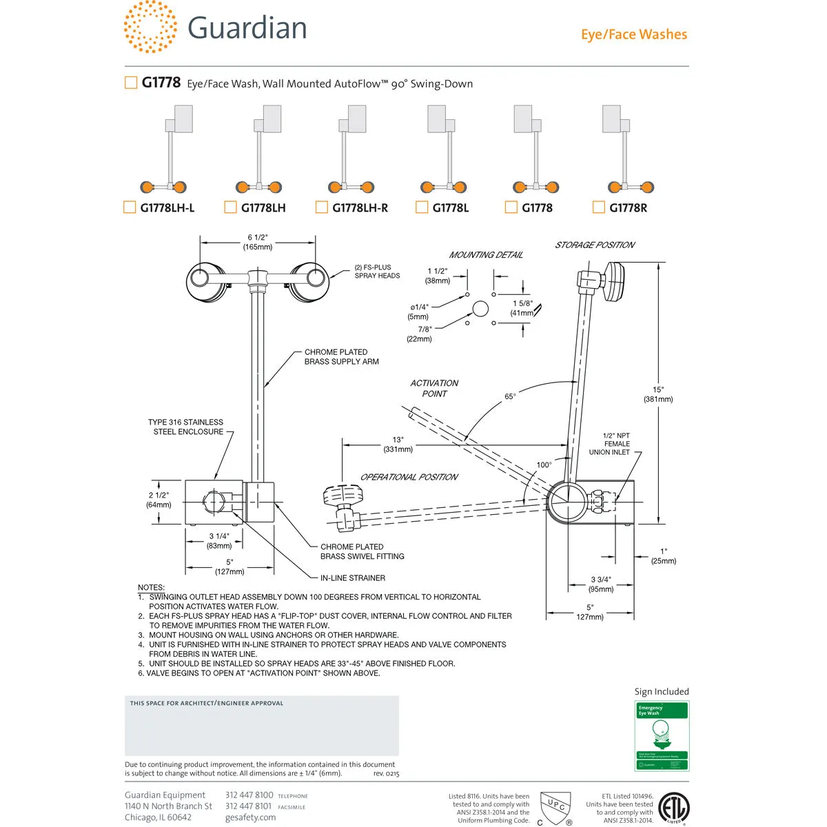 Guardian G1778 Eye/Face Wash Station, Wall Mounted AutoFlow Swing-Down