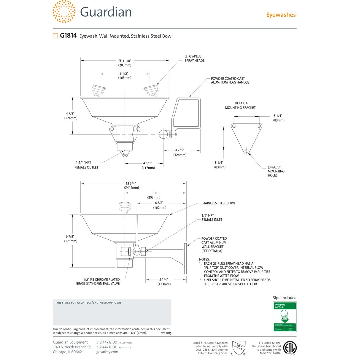 Guardian G1814-T Wall Mount Eyewash Station