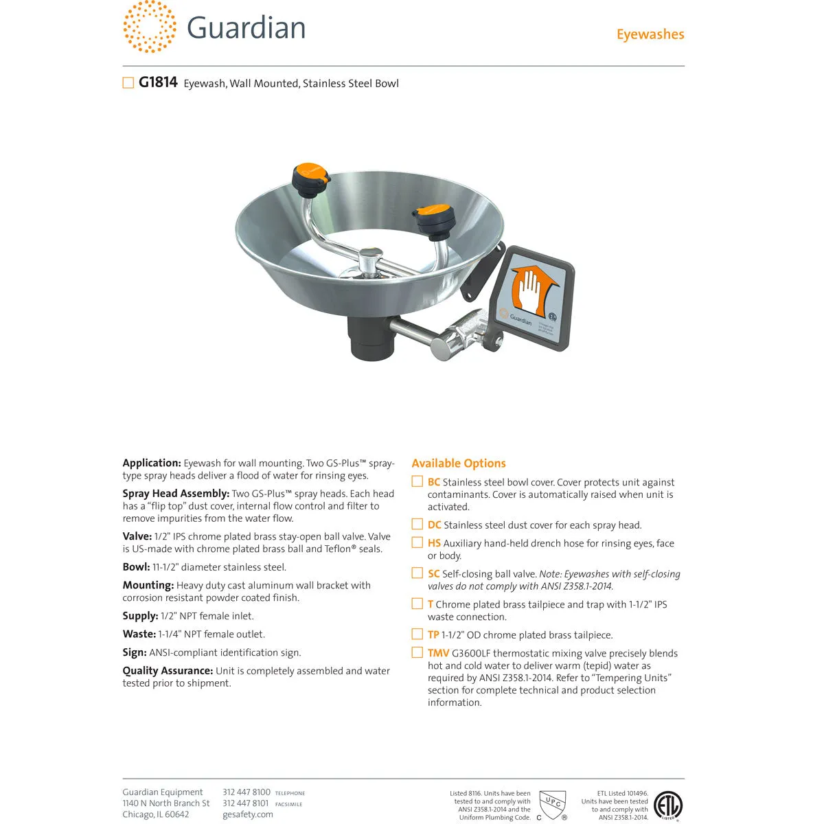 Guardian G1814-T Wall Mount Eyewash Station