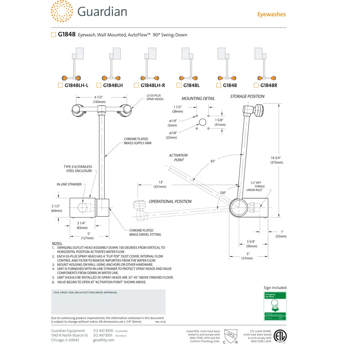 Guardian G1848 Eyewash Station, Wall Mounted, Swing-Down