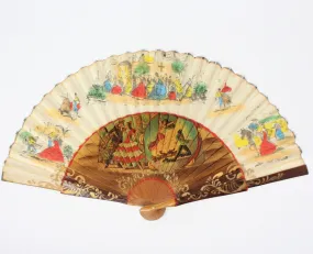 Hand Fan, Spanish Style, Flamenco Dancers / Bull Fighters, Hand Painted Wood, Vintage