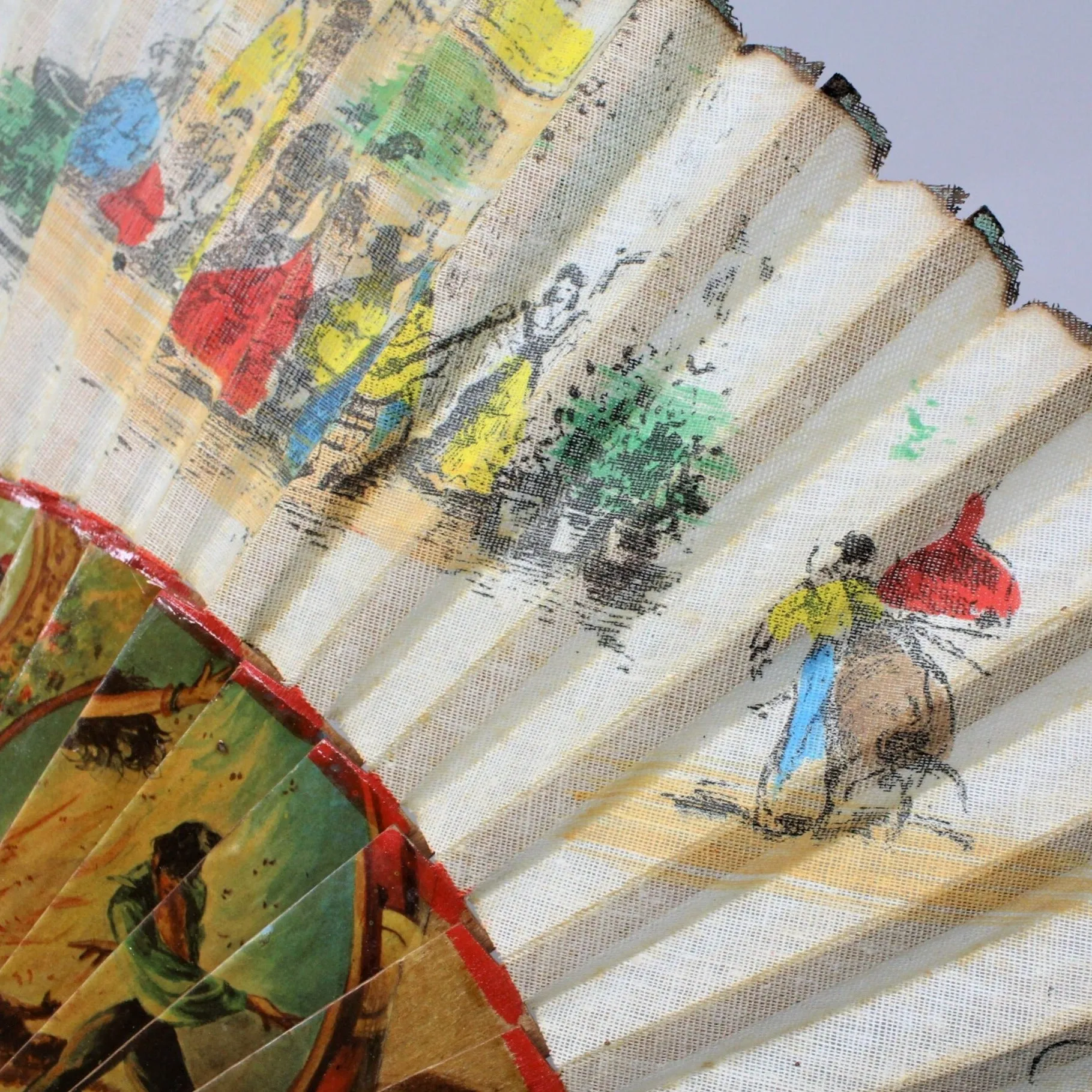 Hand Fan, Spanish Style, Flamenco Dancers / Bull Fighters, Hand Painted Wood, Vintage