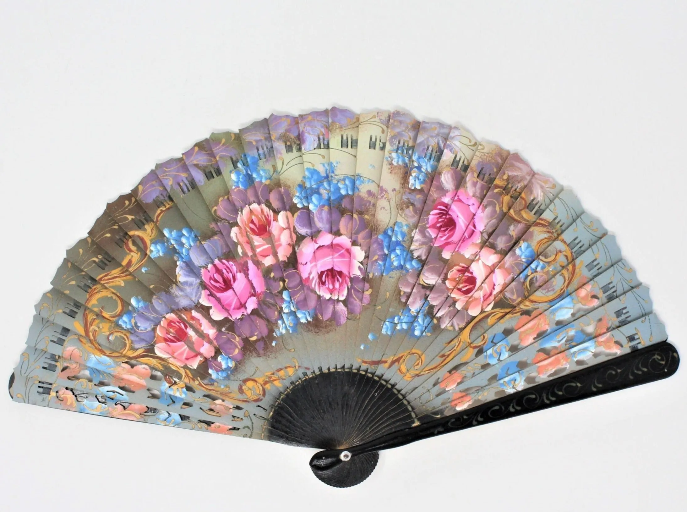 Hand Fan, Spanish Style, Hand Painted, Wood Open Cut-Work, Roses, Vintage