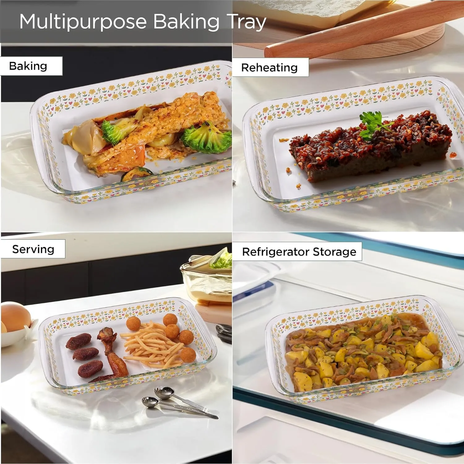 Homestic 2200ml Borosilicate Printed Glass Baking Tray | Transparent Microwave Oven Safe Utensils | Rectangular Bread Moulds for Baking | Dishwasher & Freezer Safe | Multipurpose Serving Tray