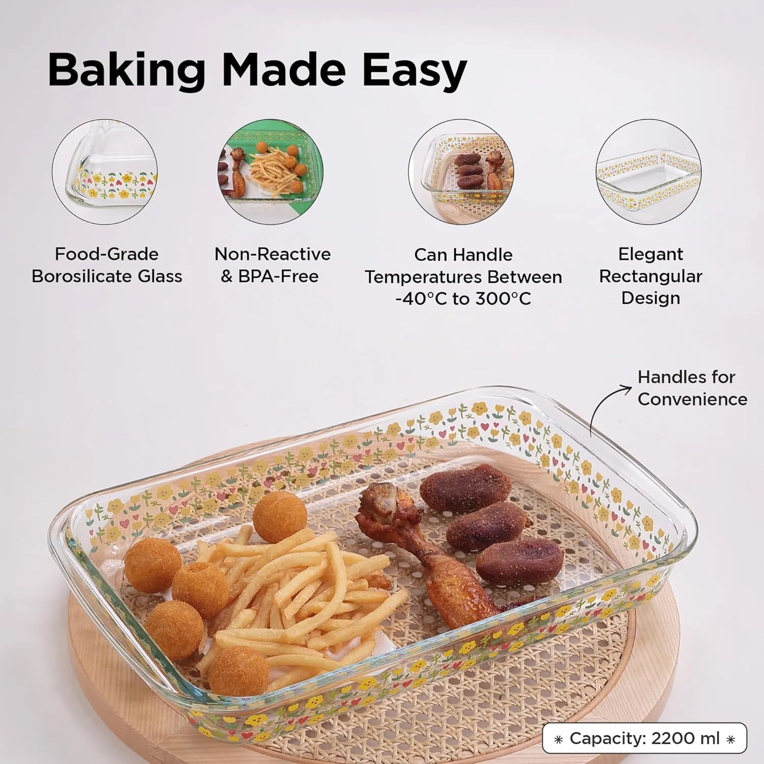 Homestic 2200ml Borosilicate Printed Glass Baking Tray | Transparent Microwave Oven Safe Utensils | Rectangular Bread Moulds for Baking | Dishwasher & Freezer Safe | Multipurpose Serving Tray