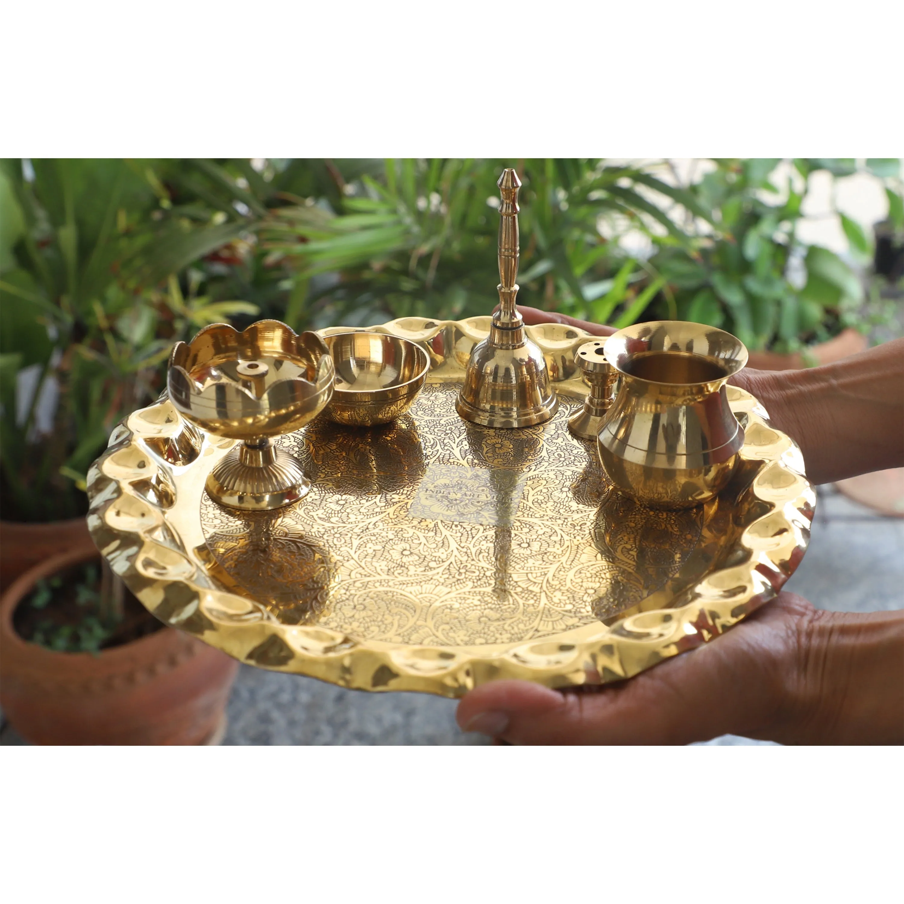 Indian Art Villa Pure Brass Handmade Embossed Pooja Thali Set with perfect Space & Raised Borders , Spiritual Item, 25.65 cm