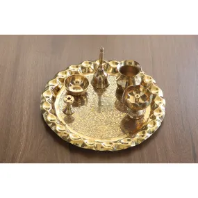 Indian Art Villa Pure Brass Handmade Embossed Pooja Thali Set with perfect Space & Raised Borders , Spiritual Item, 25.65 cm