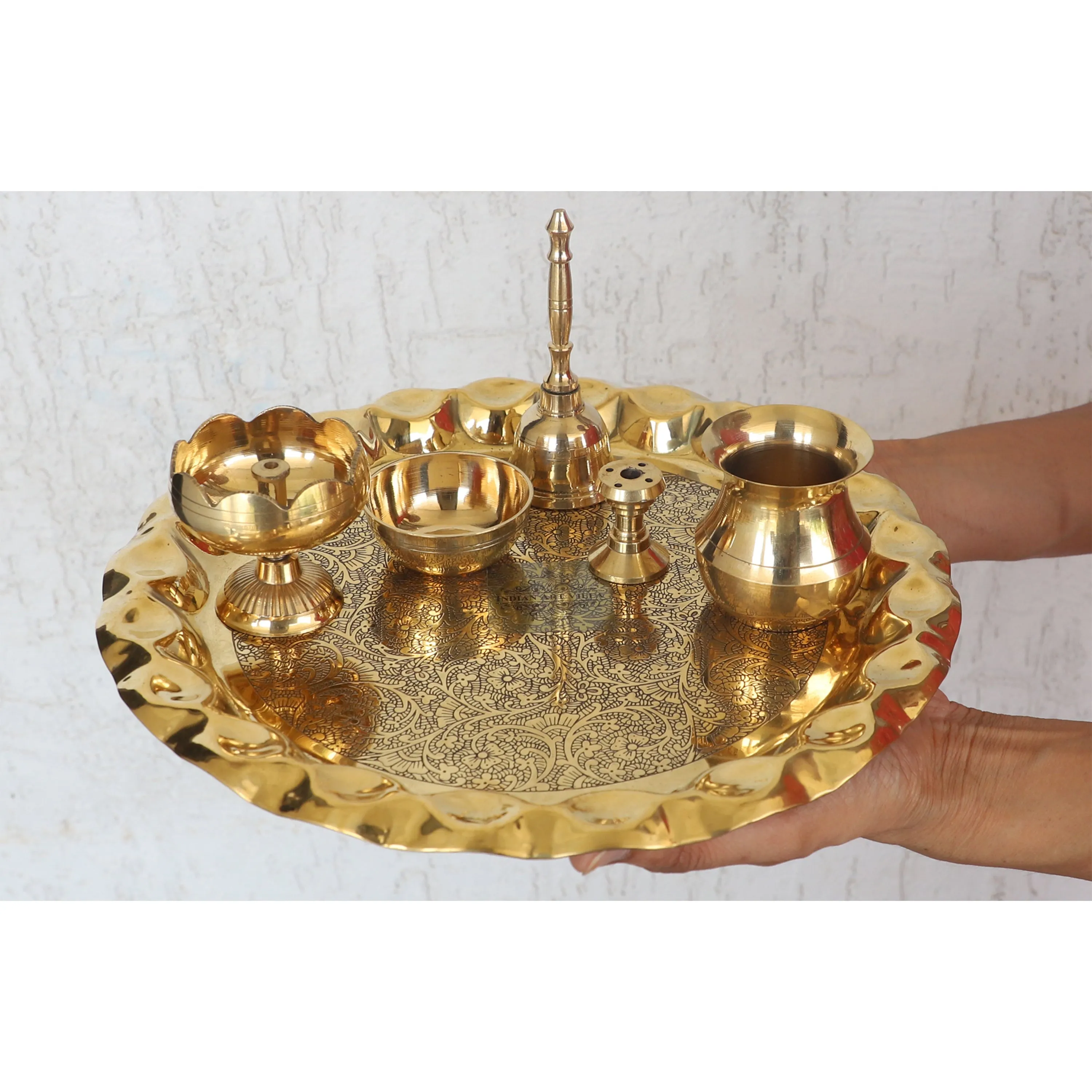 Indian Art Villa Pure Brass Handmade Embossed Pooja Thali Set with perfect Space & Raised Borders , Spiritual Item, 25.65 cm