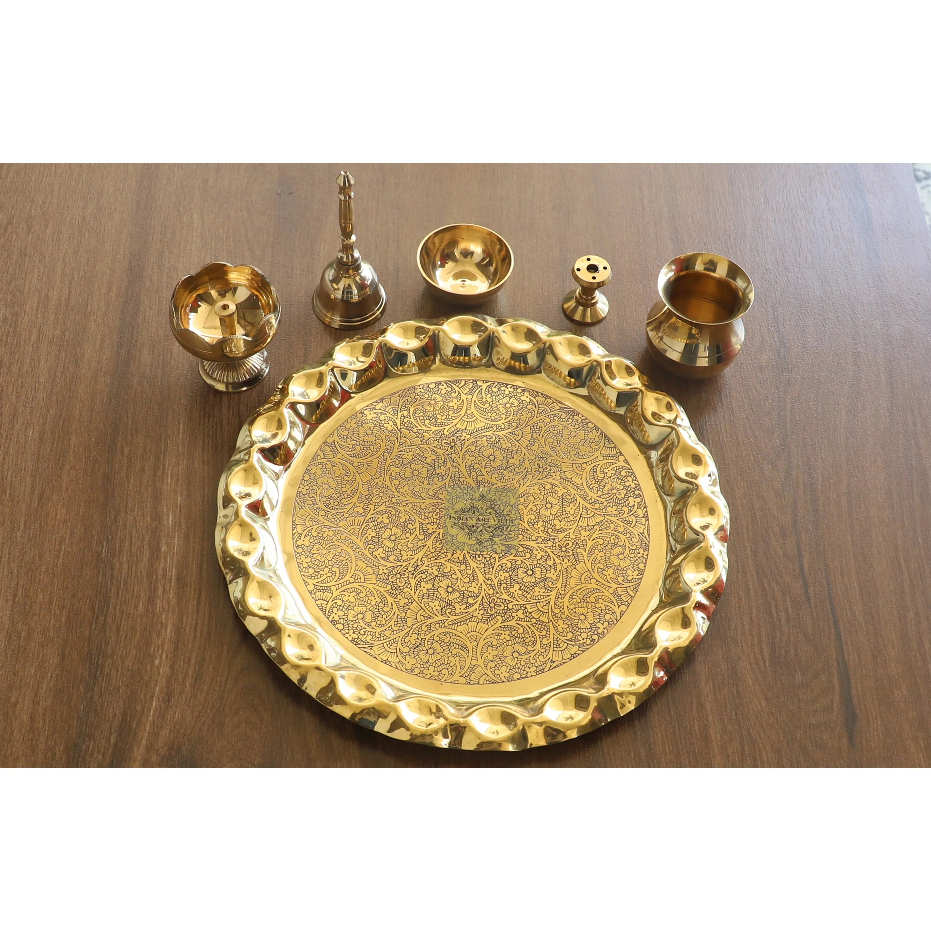 Indian Art Villa Pure Brass Handmade Embossed Pooja Thali Set with perfect Space & Raised Borders , Spiritual Item, 25.65 cm