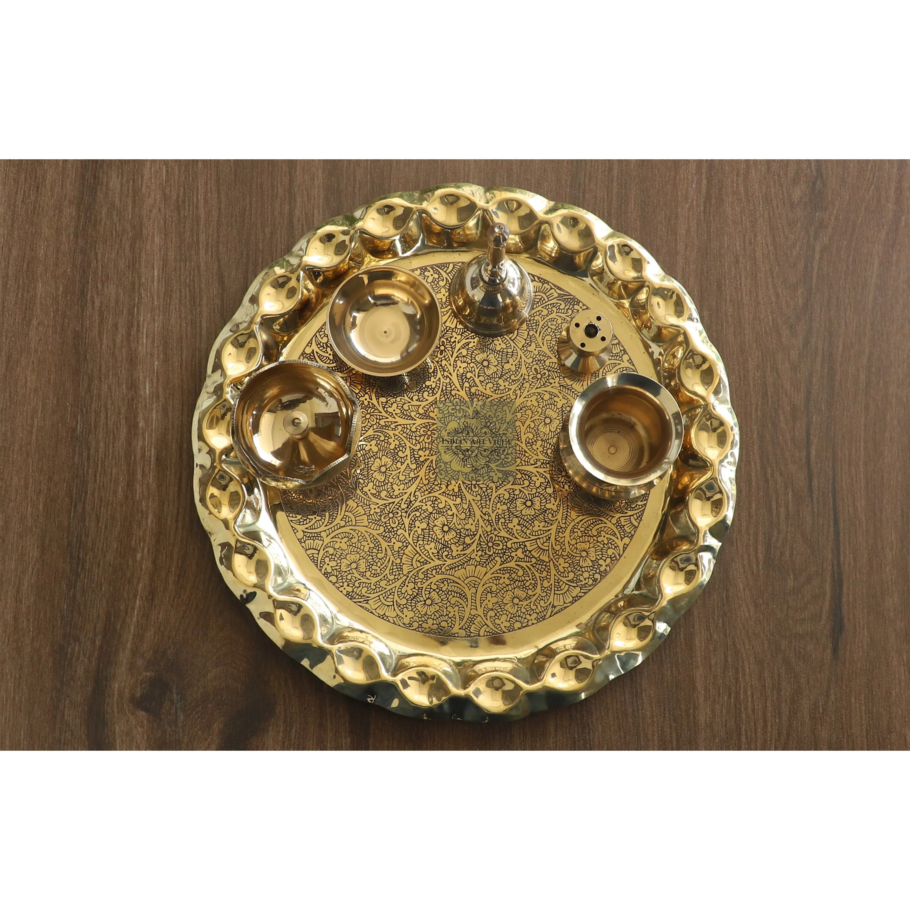 Indian Art Villa Pure Brass Handmade Embossed Pooja Thali Set with perfect Space & Raised Borders , Spiritual Item, 25.65 cm