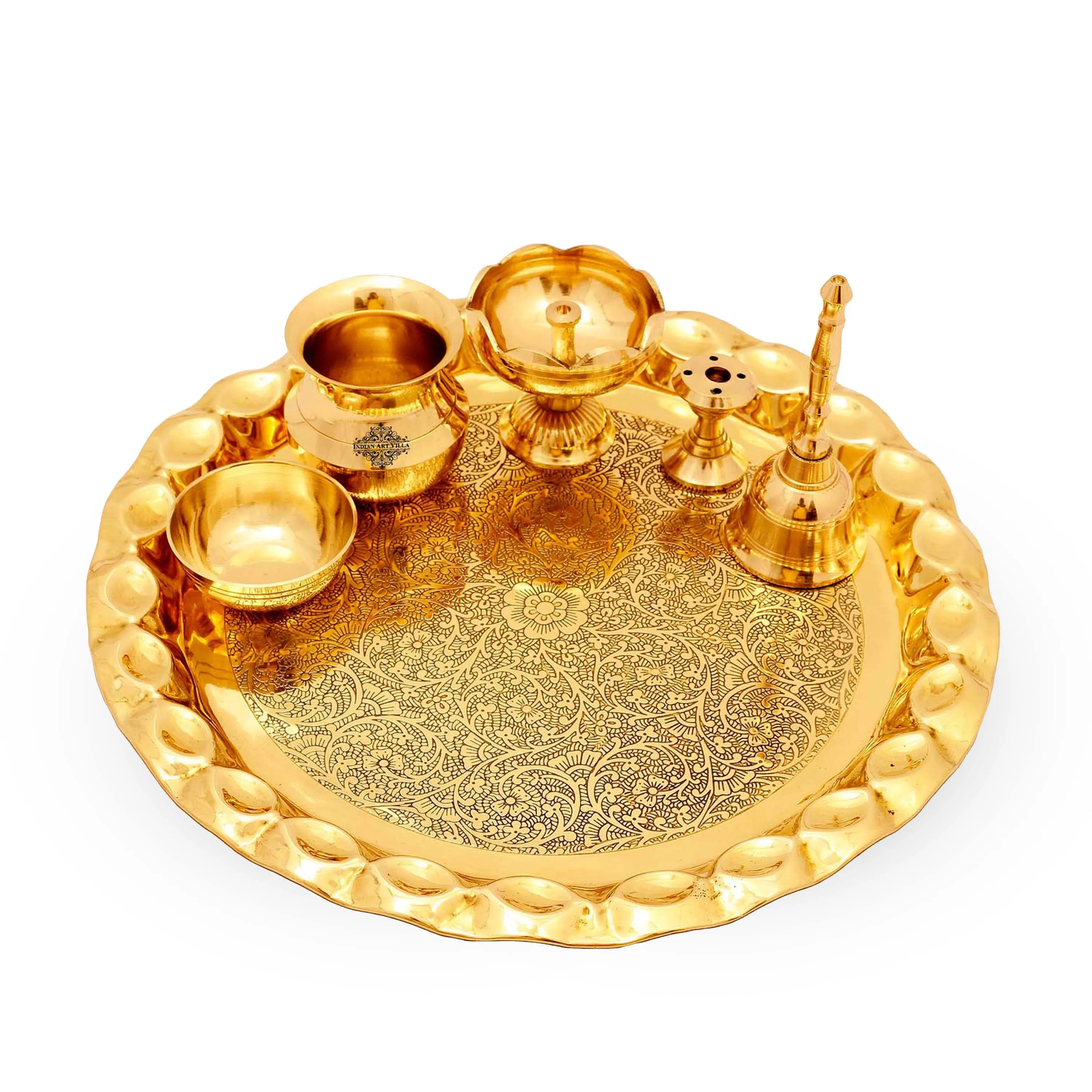 Indian Art Villa Pure Brass Handmade Embossed Pooja Thali Set with perfect Space & Raised Borders , Spiritual Item, 25.65 cm