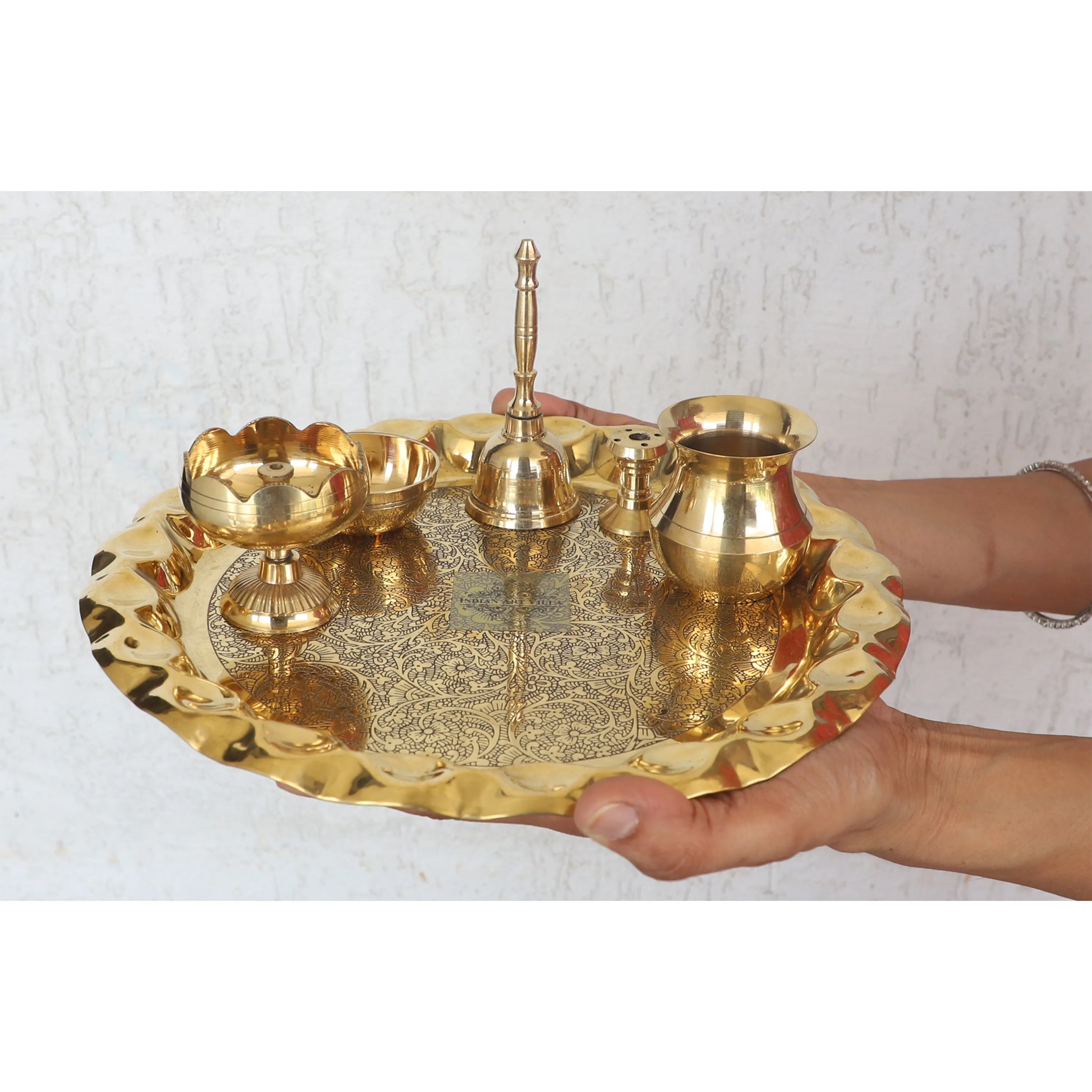 Indian Art Villa Pure Brass Handmade Embossed Pooja Thali Set with perfect Space & Raised Borders , Spiritual Item, 25.65 cm