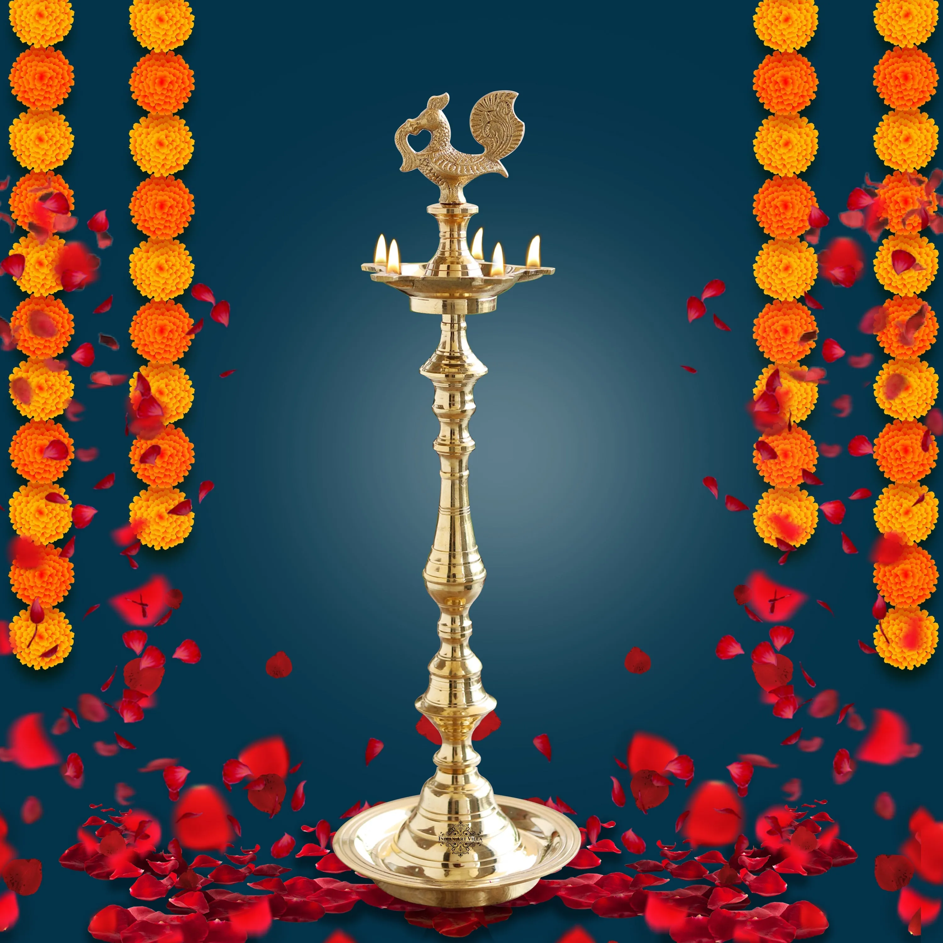 Indian Art Villa Pure Brass Shine Finish Stand/Pillar Diya/Deepak/Lamp/Lantern With Peacock Design, Pooja, Home Decor & Diwali Gift Item, Height-50.80 cm